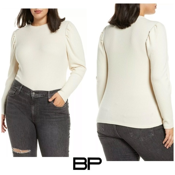 BP. Cozy Puff Sleeve Top.  Ivory.  Super soft textured ribbed long sleeve - Picture 1 of 11